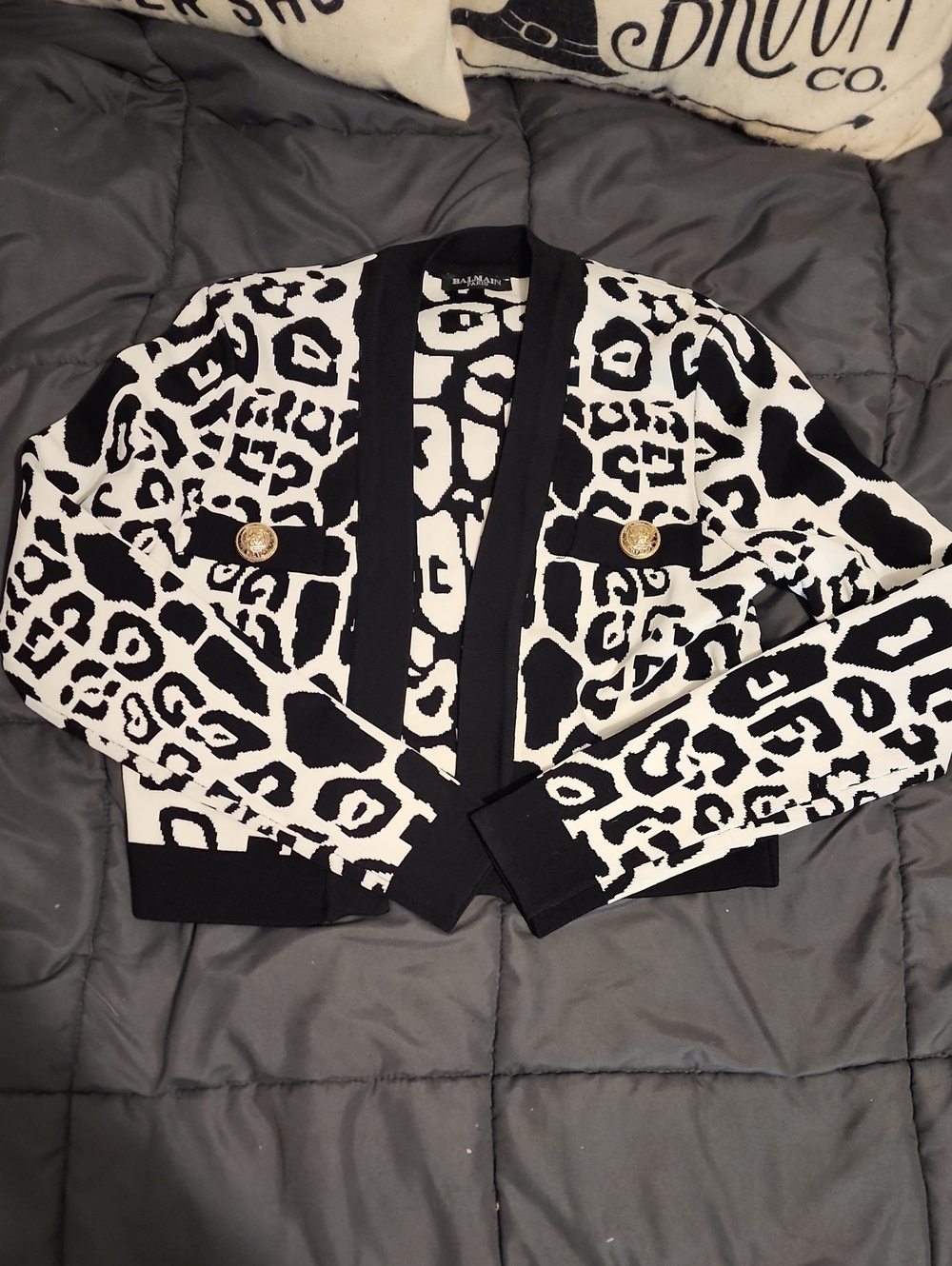 Authentic Balmain Paris Black and White Animal-Print Cropped Blazer Jacket